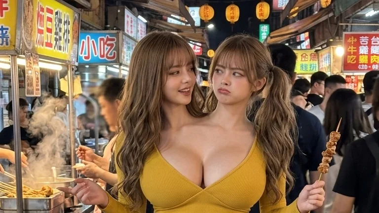 AI-generated image of Chao and Nao at a night market, from a published Instagram post