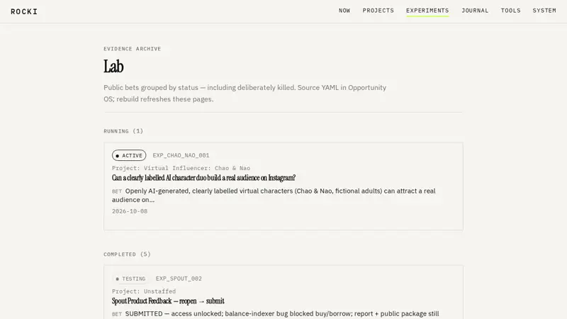 Screenshot of the rocki.org experiments page