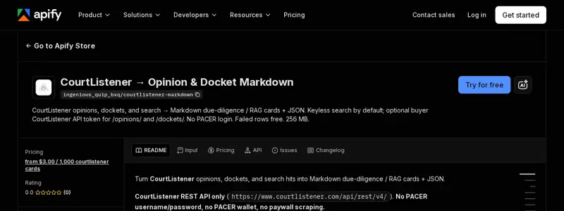 Screenshot of the CourtListener to Markdown listing on the Apify Store