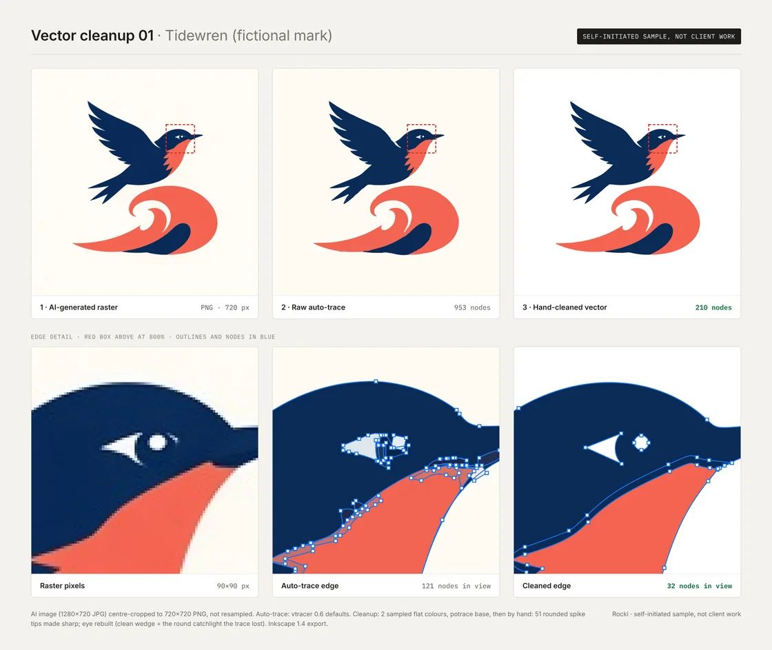 Before-and-after sheet for the fictional mark Tidewren: AI-generated raster, raw auto-trace and hand-cleaned vector, with 800% edge crops showing the nodes.