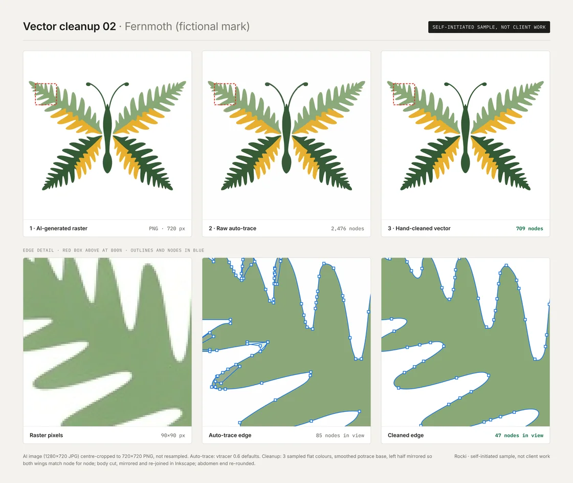 Before-and-after sheet for the fictional mark Fernmoth: AI-generated raster, raw auto-trace and hand-cleaned vector, with 800% edge crops showing the nodes.