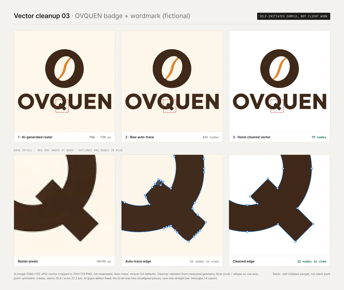 Before-and-after sheet for the fictional mark OVQUEN: AI-generated raster, raw auto-trace and hand-cleaned vector, with 800% edge crops showing the nodes.